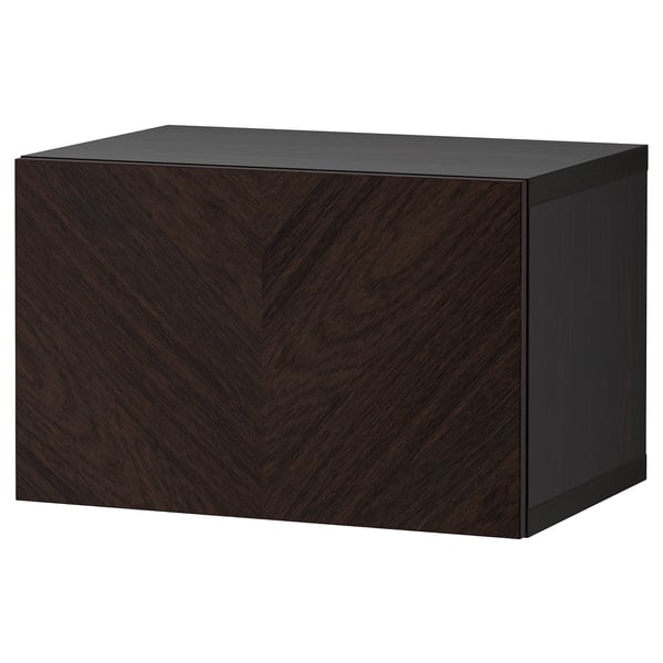 Dark brown wooden block cabinet, modern design, rectangular shape, storage unit.