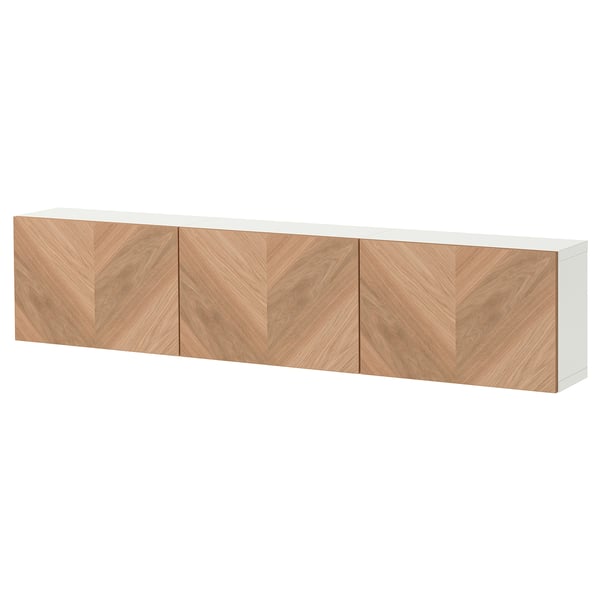 BESTÅ Wall-mounted cabinet combination, white/Hedeviken oak veneer, 180x22x38 cm