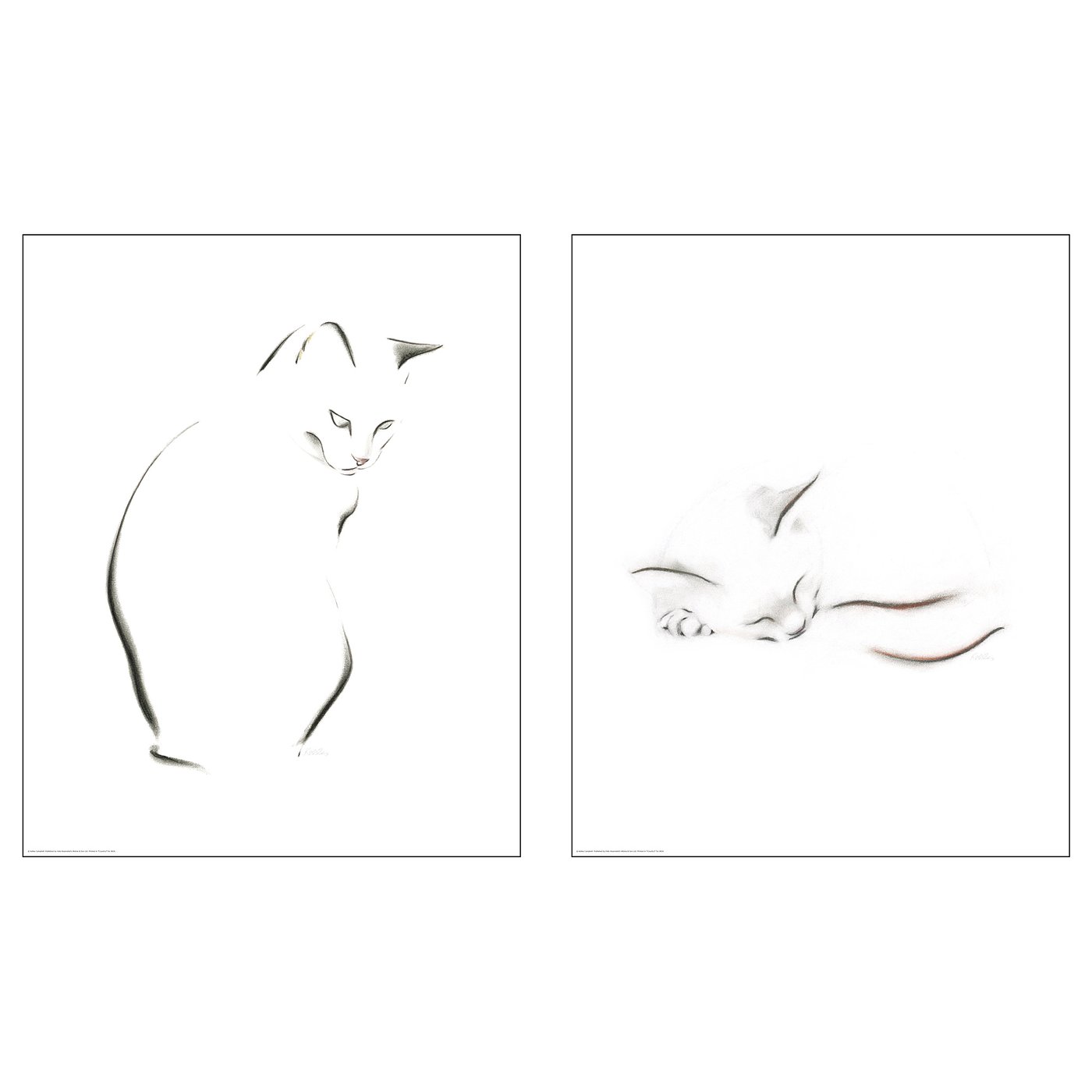 Two minimalist cat posters, black and white. Simple line art design, uncolored. BILD brand, printed on paper.