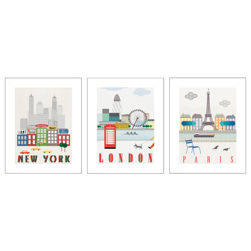 Three colourful posters feature iconic cityscapes: new york, london, and paris. Each design highlights notable landmarks and urban elements.