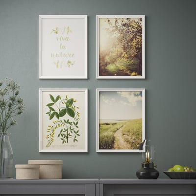Four nature-themed framed artworks hang on a grey wall, complemented by a side table with decorative items.