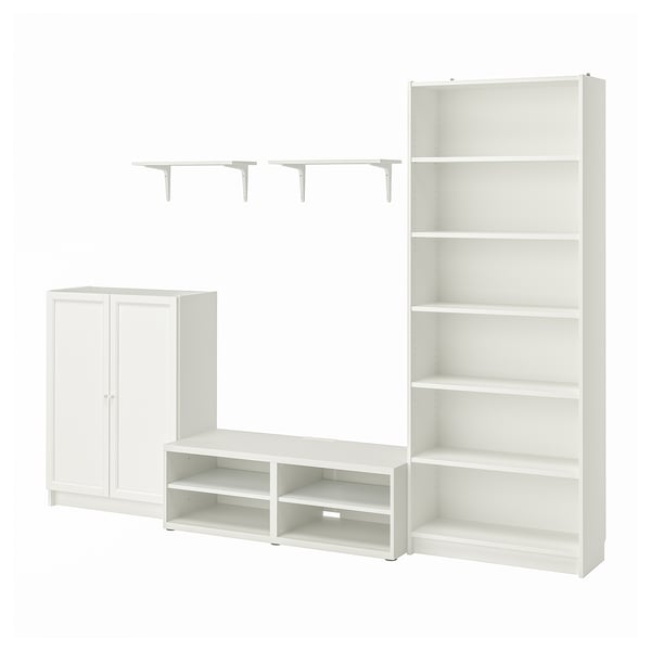 White BILLY furniture set: cabinet, bookcase, tv bench, and shelves. Modern, minimalist storage.