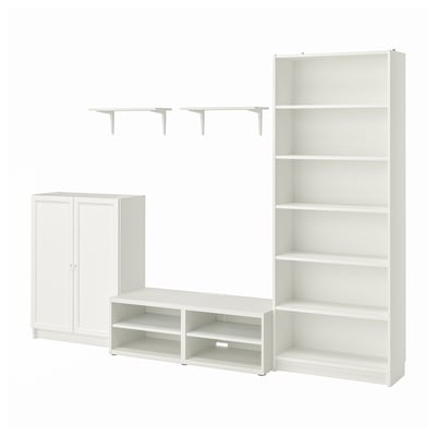 White BILLY furniture set: cabinet, bookcase, tv bench, and shelves. Modern, minimalist storage.