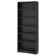 Black BILLY bookcase with adjustable shelves, natural wood grain.