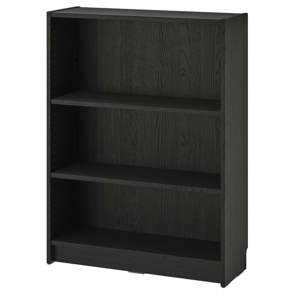 Black BILLY bookcase with three shelves, simple and modern design.