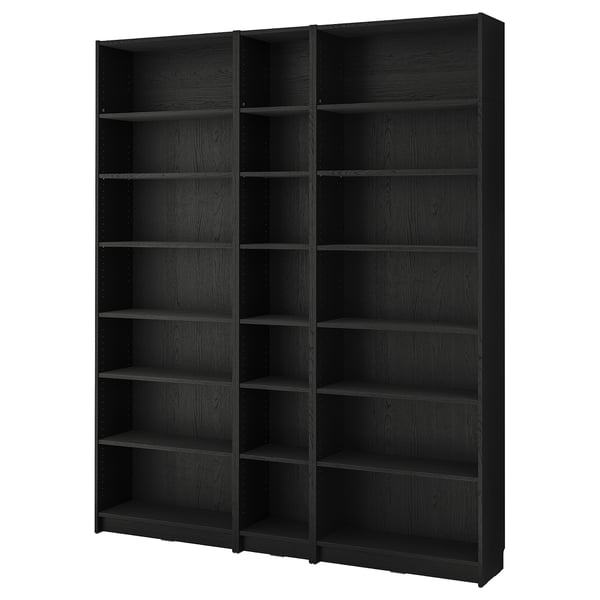 Black BILLY bookcase, modern minimal design with multiple shelves for storage.
