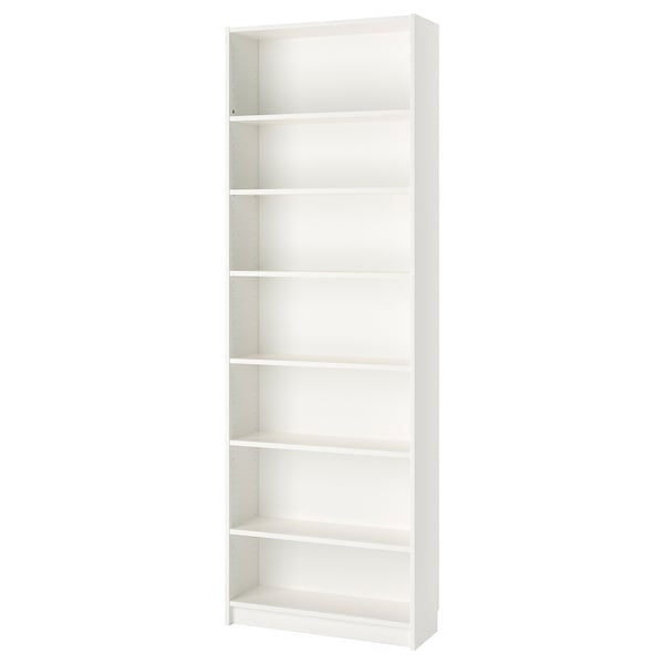 A white BILLY bookcase with adjustable shelves for flexible storage. It stands tall and narrow, ideal for limited spaces.