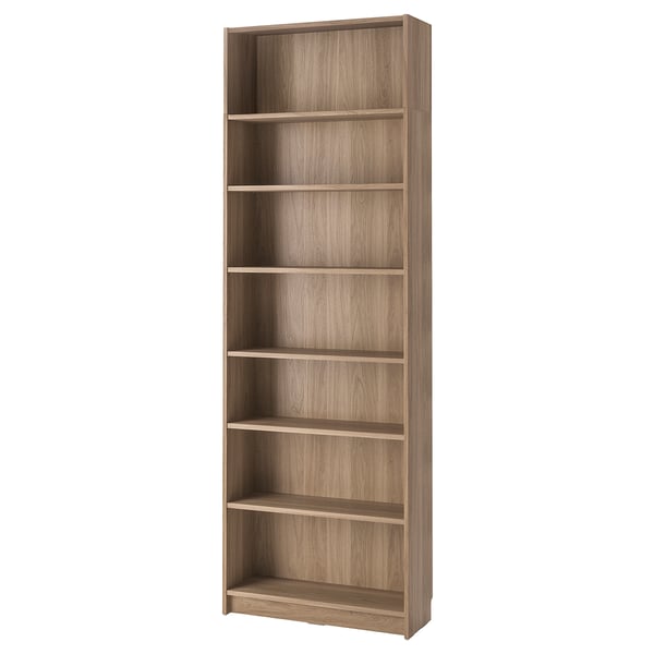 Tall BILLY wooden bookcase, light brown, six shelves, rectangular shape.