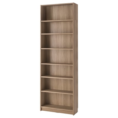Tall BILLY wooden bookcase, light brown, six shelves, rectangular shape.