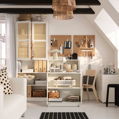 BILLY bookcase combo, white, mixed storage, foldable tables, wooden accents, books, crafts. Larger than chair & stool, maximising space.