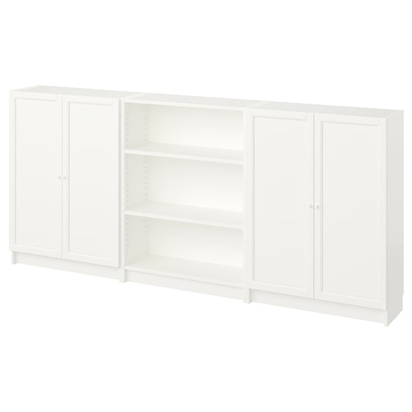 White BILLY bookcase with open and closed storage, simple design. Horizontal as sideboard.