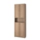 BILLY bookcase: tall, oak-colored with closed and open storage, simple design, wooden texture.