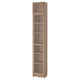 Tall wooden BILLY bookcase with glass doors, light brown finish, five shelves, sleek design.