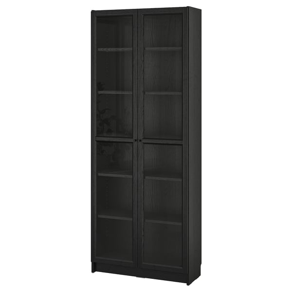 BILLY bookcase: tall black wooden with glass doors.