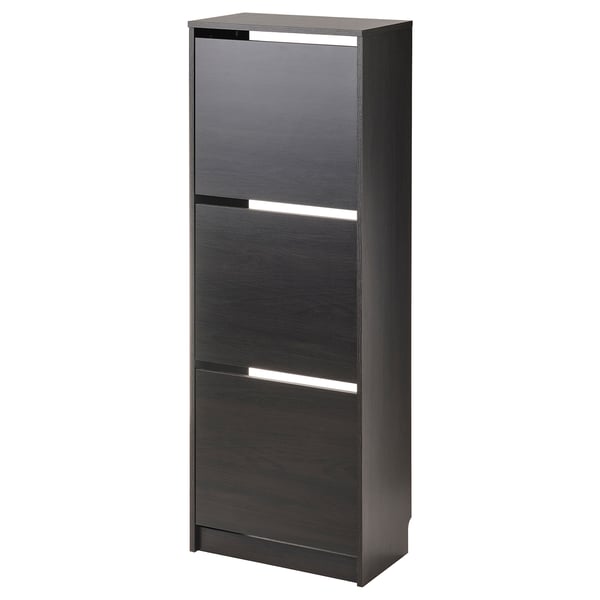 BISSA black shoe cabinet, slim & functional, wall-mounted, 3 sections, dark wood-like finish, plastic handles.