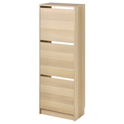 BISSA light wood shoe cabinet, slim design, 3 compartments, adjustable dividers.