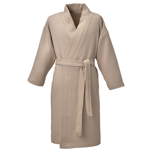 Light beige robe, 3/4 sleeves, waffle texture, cotton/viscose, adjustable belt, classic design.