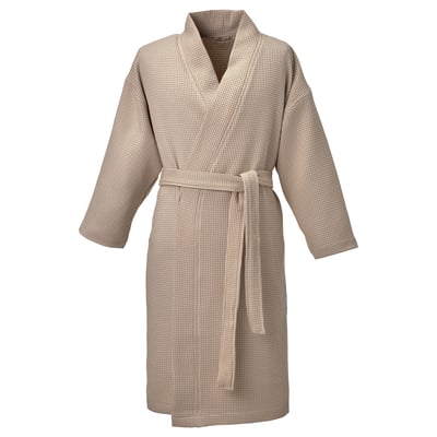 Light beige robe, 3/4 sleeves, waffle texture, cotton/viscose, adjustable belt, classic design.