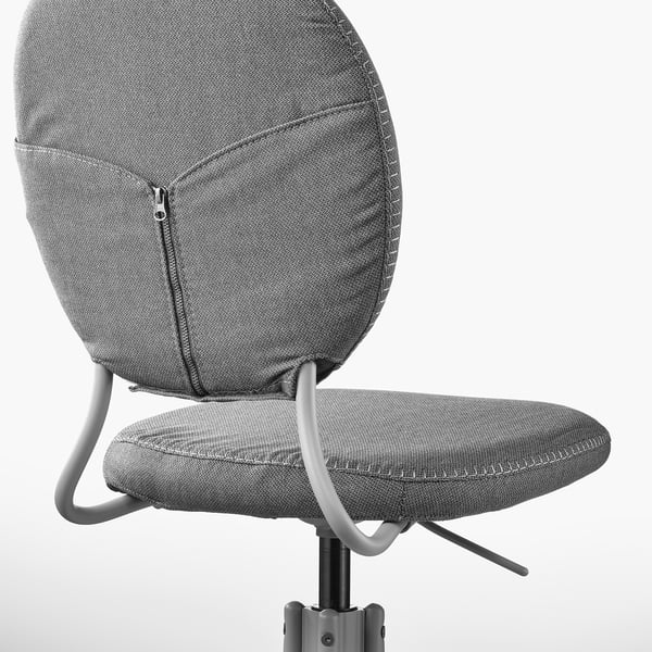 Modern grey office chair with sleek design, padded seat, swivel base, and adjustable height.
