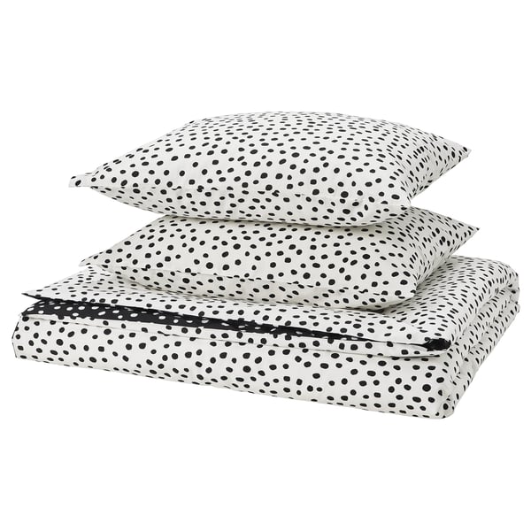 BJÖRKGRÅMAL duvet set: white with black dots, cotton-blend, rectangle with envelope closure.
