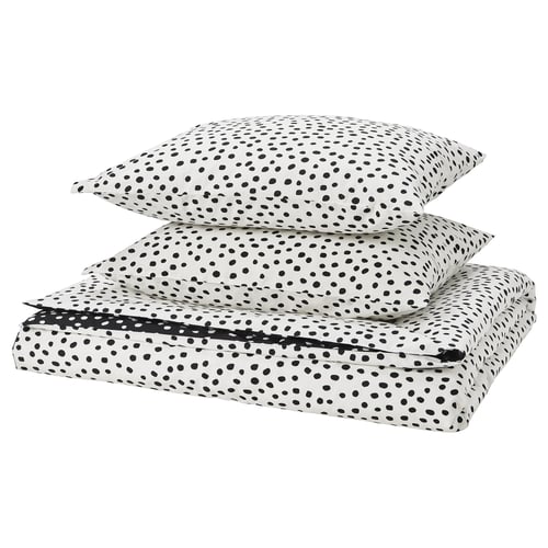 BJÖRKGRÅMAL duvet set, black & white polka dot, soft cotton-viscose blend, rectangular shape, playful design.