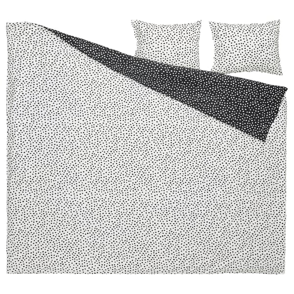 BJÖRKGRÅMAL black/white dot duvet, 3 pillows, soft cotton-viscose blend.