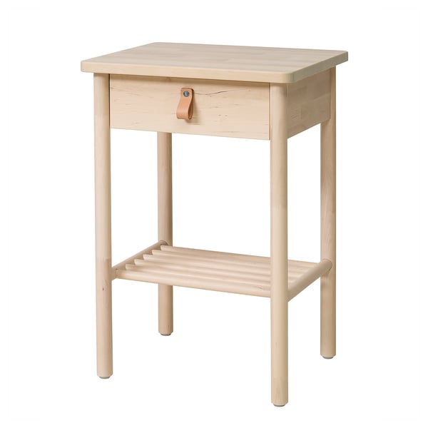 BJÖRKSNÄS light wood bedside table, light brown, square with one drawer and bottom shelf.