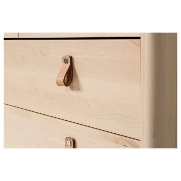 Wooden drawer with stylish brown leather handle, smooth edges, sturdy construction