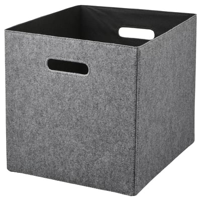 Grey fabric storage bin with handles. Sturdy, square shape. Ideal for kallax shelving.