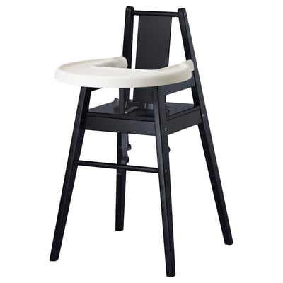 A BLÅMES black highchair with a white tray and seat. Its designed for safe and steady child seating.