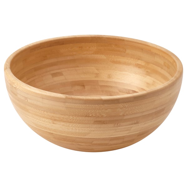 Bamboo salad bowl with natural wood grain.