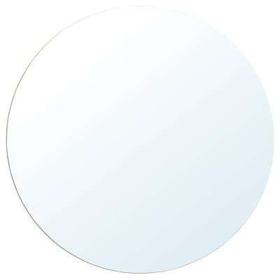 Round, clear mirror with subtle frame. Perfect for spreading light, suitable for bathrooms.