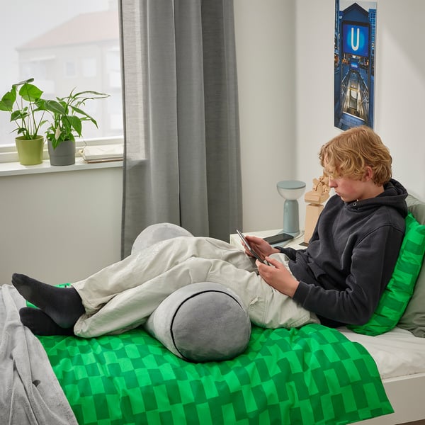Teen with phone on green body pillow, plant by window, u poster.