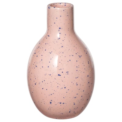 The BLODBJÖRK vase is a pale pink, speckled with blue dots, made from stoneware. Its round shape tapers at the top.