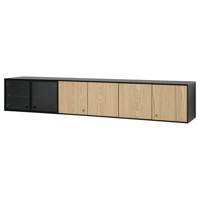 BOASTAD wall shelf with black & oak veneer, glass and bi-fold doors.