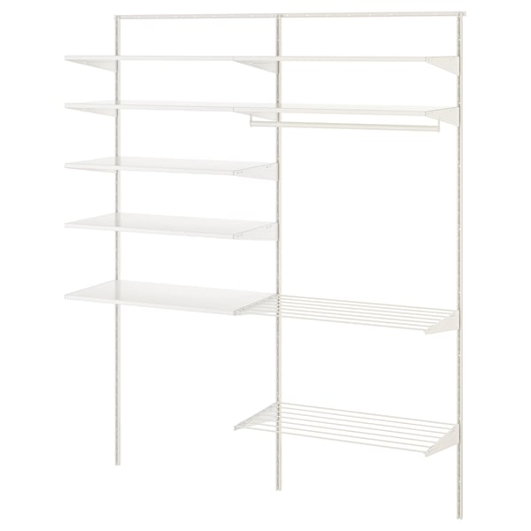 Displays a white BOAXEL wall-mounted storage system featuring multiple shelves and a drying rack, ideal for organizing laundry items.