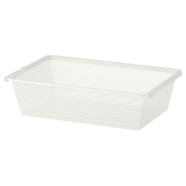 White BOAXEL mesh basket for organising clothes. Rectangular, perforated for air circulation. Made of steel and plastic, slides easily.