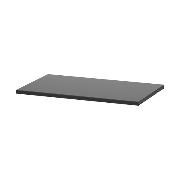 Dark grey metal shelf, rectangular shape, minimalist design.