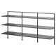 An empty BOAXEL shelf unit in black with three glass shelves and metal framing.
