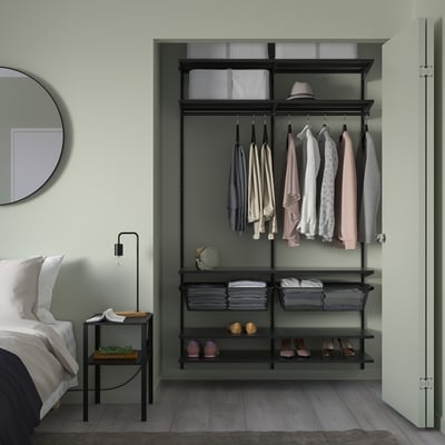 A BOAXEL grey closet: hanging clothes, baskets, shelves, modern, space-efficient.