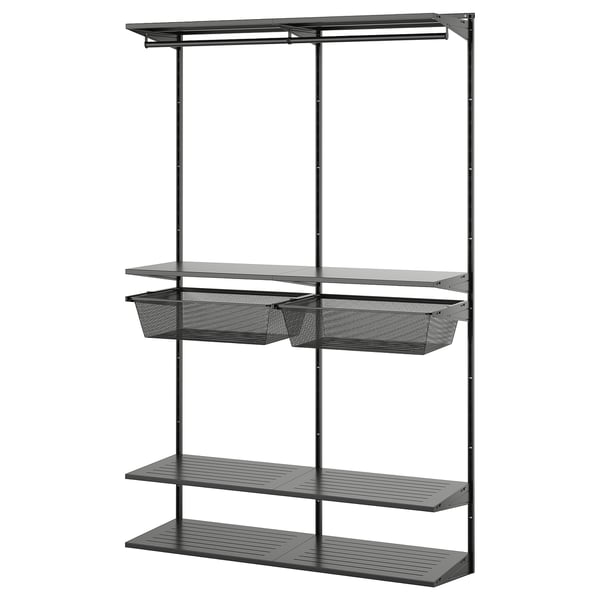 BOAXEL: grey wall-mounted storage with metal and mesh baskets, modern design.