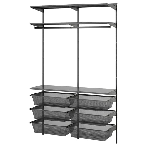 BOAXEL black metal storage unit with mesh baskets and shelves.