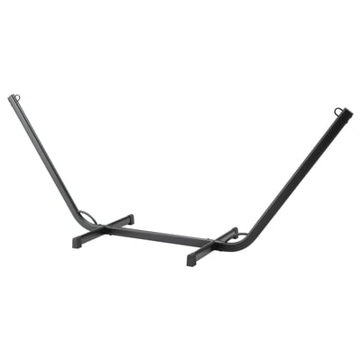 Black metal hammock stand, v-shaped, sturdy steel for outdoor relaxation.