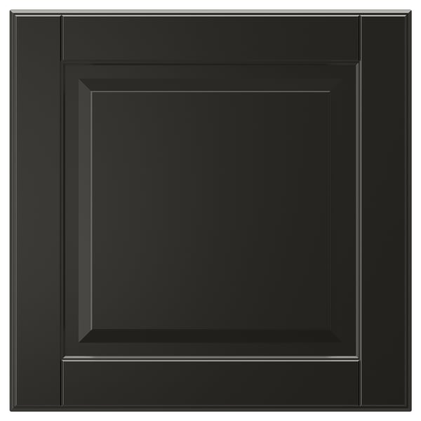 A black BODBYN cabinet door with a square, bevelled panel design. Its smooth and glossy with a modern, sleek look.