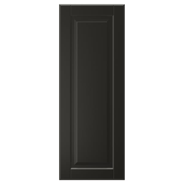 Black BODBYN cabinet door with bevelled panel, sleek lacquered finish, rectangular, simple design.