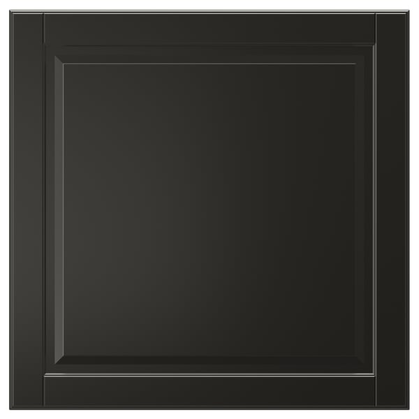 A black BODBYN cabinet door with a bevelled panel design for a sophisticated look. Made from fibreboard and lacquered for easy cleaning.