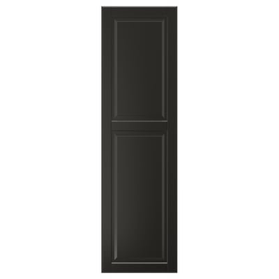 Black BODBYN cabinet door with smooth, lacquered fiberboard and bevelled panels.