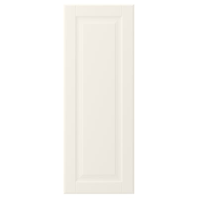 A white BODBYN kitchen cabinet door with a bevelled panel design. The door is rectangular and made from fiberboard with a smooth lacquered finish.