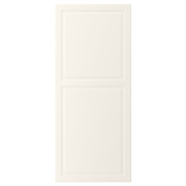 Depicts a white rectangular cabinet door with a bevelled panel in the centre. Made from fibreboard, it smooth, easy-to-clean lacquered surfaces.