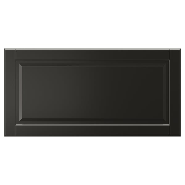 This image shows a black BODBYN drawer front with a smooth, lacquered finish and classic bevelled panel design.